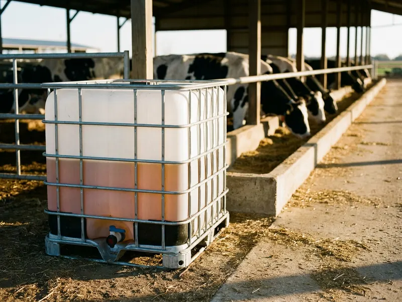 Illustration: a liquid feed tote beside a dairy feed bunk