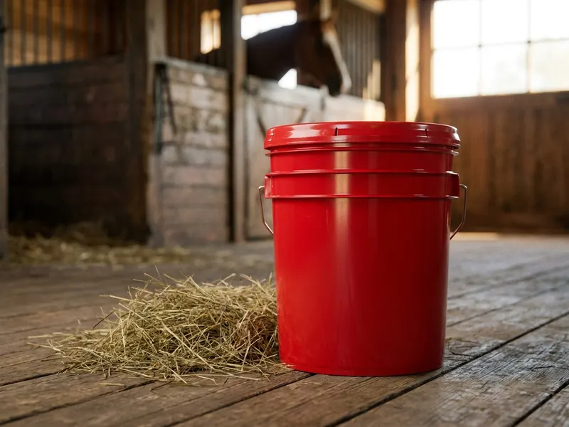 Illustration: a red 5 gallon bucket in a horse barn