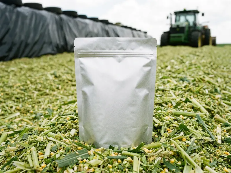 Illustration: a foil pouch on fresh corn silage
